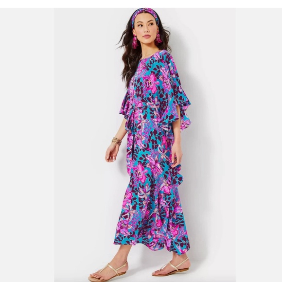 $498 NWT LILLY PULITZER MONNAE SILK MAXI CAFTAN DRESS BLUE ORCHID YOU NOT XS - Picture 3 of 8